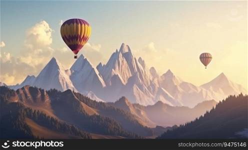 Colored balloons fly in the clouds in the sun over the mountains, hills. Header banner mockup with copy space. AI generated.. Colored balloons fly in the clouds in the sun over the mountains, hills. AI generated.