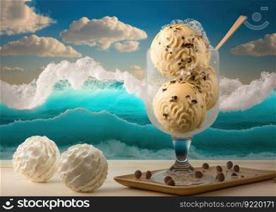 Colored balls of ice cream in a glass goblet against the background of sea waves and clouds in the sky. Fresh dessert made from milk and fruits. AI generated.. Colored balls of ice cream in a glass goblet against the background of sea waves and clouds in the sky. AI generated.
