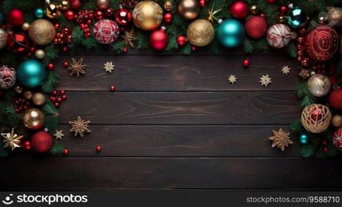 Colored balls on Christmas background with place for text. Template for design, banner.