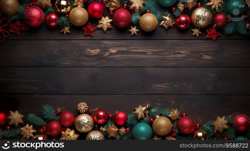 Colored balls on Christmas background with place for text. Template for design, banner.