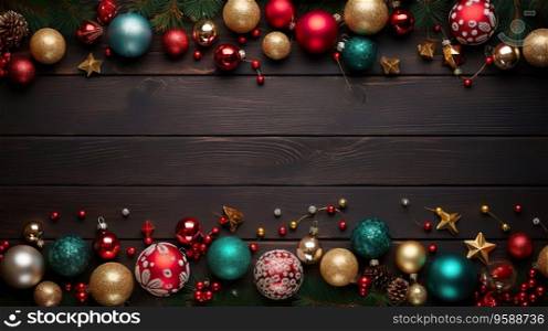 Colored balls on Christmas background with place for text. Template for design, banner.