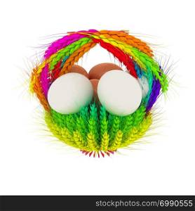 Colored basket of the ears of wheat with eggs. Traditional Easter attributes. 3d render