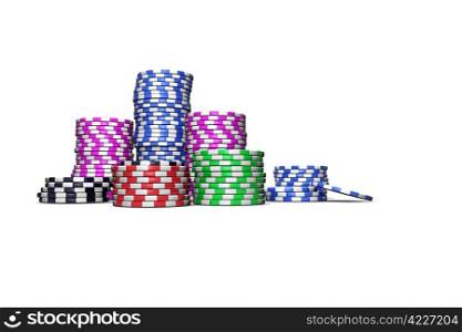 Colored casino chips isolated on white background. For magazines, banners, webpages, flyers, etc.