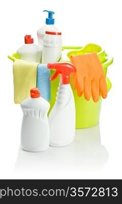 colored cleaning objects in bucket