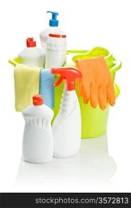 colored cleaning objects in bucket