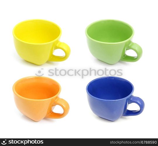 Colored cups set isolated on white background