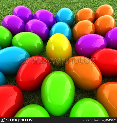 Colored Easter eggs as a flower on a green grass