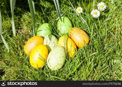 colored Easter eggs hidden in flowers and grass
