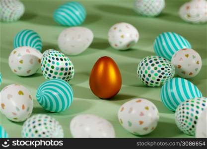 Colored Easter eggs surrounding golden egg on green background. 3d render