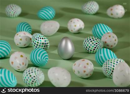 Colored Easter eggs surrounding silver egg on green background. 3d illustration