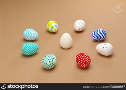 Colored Easter eggs surrounding white egg on green background. 3d render