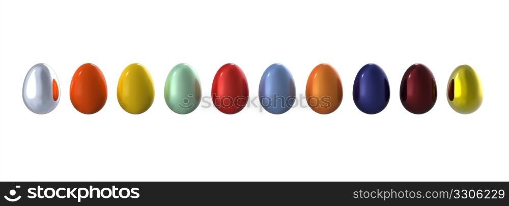 Colored eggs in line on white background, 3d render