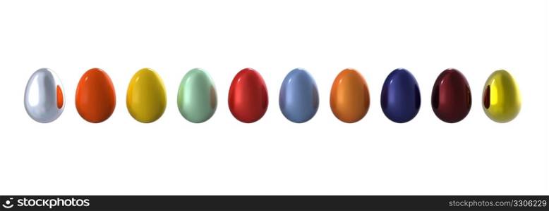 Colored eggs in line on white background, 3d render