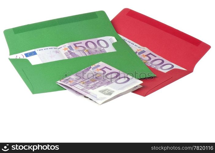 Colored envelope with Euros on white background