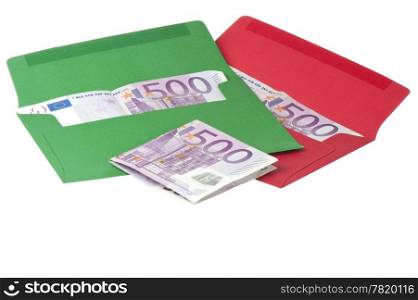 Colored envelope with Euros on white background