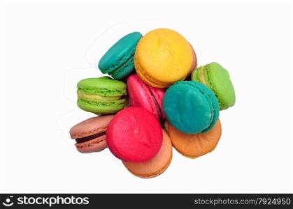 colored french sweet food pile of macarons over white