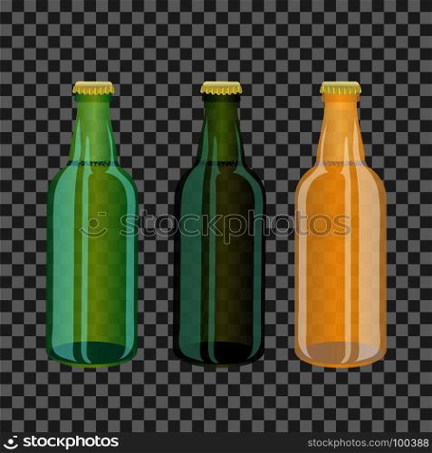 Colored Glass Bottles on Grey Checkered Background. Colored Glass Bottles