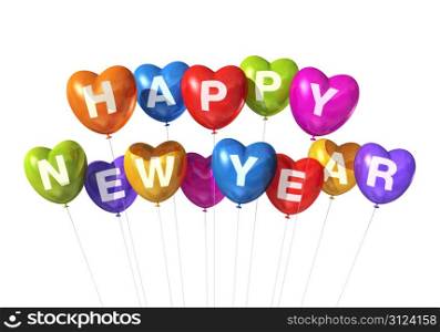 colored Happy new year heart shaped balloons isolated on white. colored happy new year heart shaped balloons