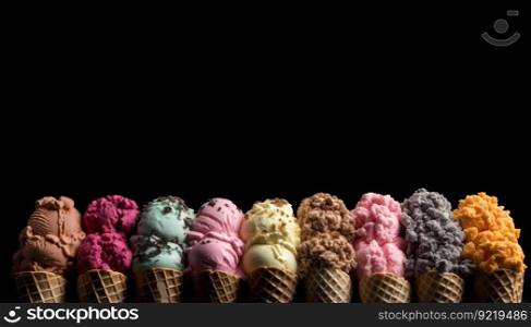 Colored ice cream balls, solid in a row. Black background, front view. Header banner mockup with copy space. AI generated.. Colored ice cream balls, solid in a row. Black background, front view. AI generated.