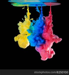 Colored ink drops in water on black background. Colored inks in water on black background
