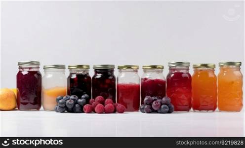 Colored jars of different jams with fresh berries and fruits stand in a row, white background. Header banner mockup with copy space. AI generated.. Colored jars of different jams with fresh berries and fruits stand in a row, white background. AI generated.