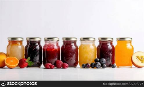 Colored jars of different jams with fresh berries and fruits stand in a row, white background. Header banner mockup with copy space. AI generated.. Colored jars of different jams with fresh berries and fruits stand in a row, white background. AI generated.