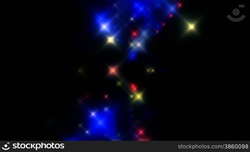 Colored lights (stars) appear out of the darkness. They move slowly in a strict order, flashes back and forth.