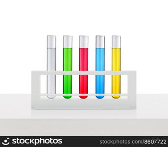 Colored liquids in tubes test tube, on white wooden table