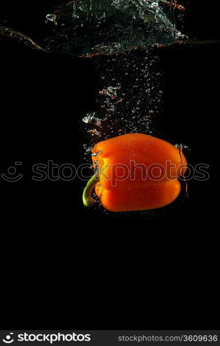 Colored orange paprika in water splashes on black background