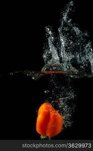 Colored orange paprika in water splashes on black background