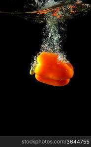 Colored orange paprika in water splashes on black background