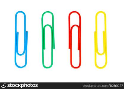 Colored paper clips close-up isolated on a white background, with clipping path