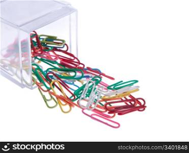 colored paper clips outside a plastic box isolated on white background