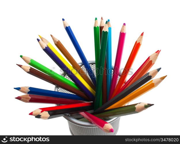 colored pencils in basket isolated on a white background