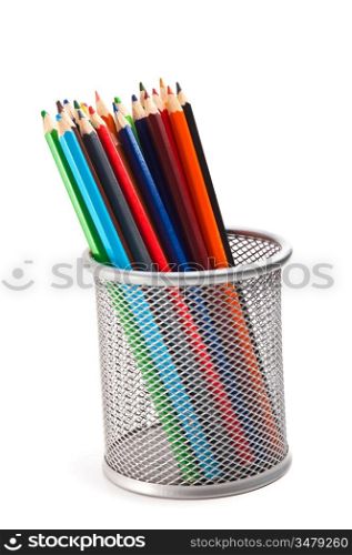 colored pencils in basket isolated on a white background