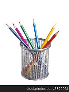 colored pencils in basket isolated on a white background
