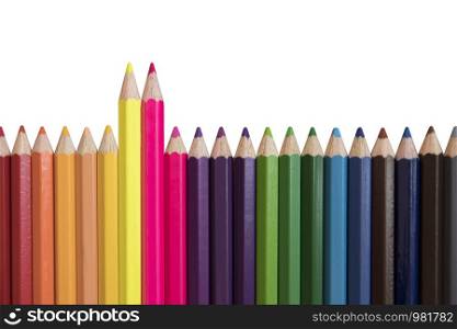 Colored pencils of various colors on a white background