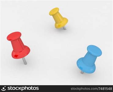 Colored push pins on a white background. 3d render illustration.. Colored push pins on a white background.