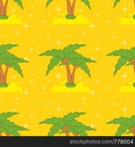 Colored seamless pattern of cartoon green palms on a yellow background. Simple flat vector illustration. For the design of paper wallpapers, fabric, wrapping paper, covers, web site design.