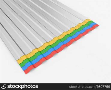 Colored sheets of metal profiles for the roof on a white background. 3d render illustration.. Colored sheets of metal profiles for the roof on a white background.