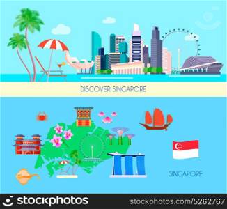 Colored Singapore Culture Banner Set. Two horizontal colored Singapore culture banner set with discover Singapore and Singapore headlines vector illustration