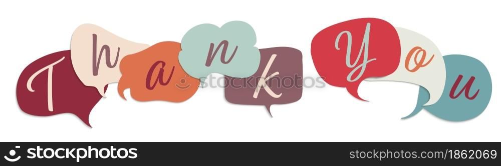 Colored speech bubble with inside letters forming the text -Thank You- Teamwork. Gratitude message between colleagues or friends. Appreciation. Concept of person who is grateful. Thankful