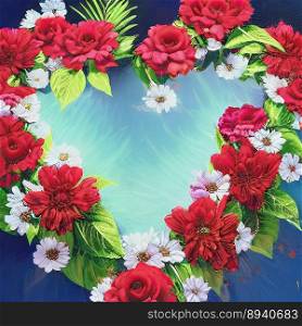 Colorful 3D heart shaped floral design with green leaves on blue sky background motif, created with Generative AI technology.