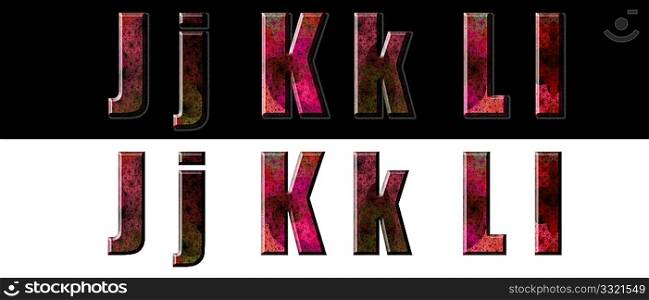 Colorful abstract alphabet set over black and white backgrounds. J K L Capital and Lower case letters.