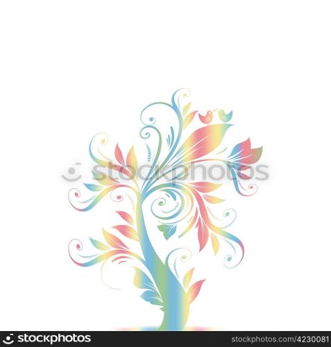 Colorful abstract art tree with hearts and birds