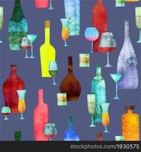 Colorful abstract bottles of alcohol on a blue background. Seamless pattern