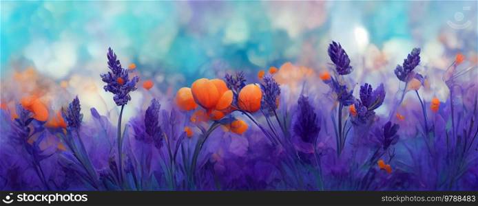 Colorful abstract flowers field background, web header. Colorful vintage organic bacground