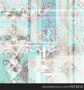 Colorful abstract seamless pattern with paisley and geometric elements. Vector wallpaper with squares and zigzags. Design for fabric, textile, web. Colorful abstract seamless pattern with paisley and geometric elements. Vector wallpaper with squares and zigzags. Design for fabric, textile