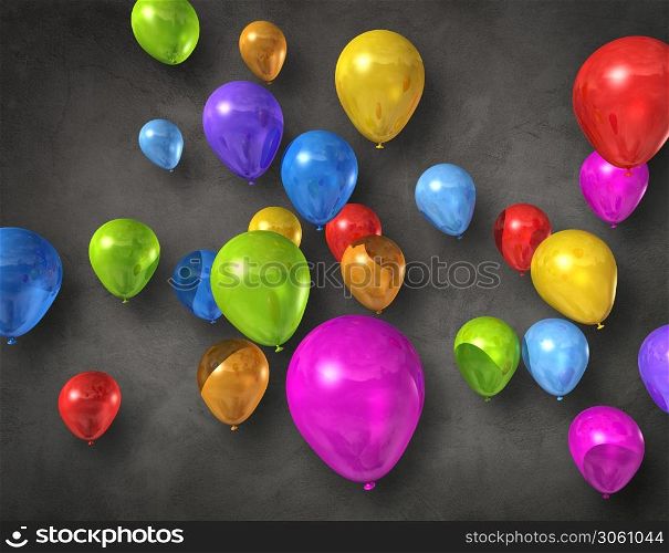 Colorful air balloons on a dark concrete background. 3D illustration render. Colorful air balloons on a concrete background
