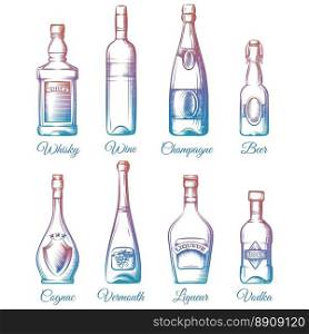Colorful alcohol bottles collection. Colorful alcohol bottles collection isolated on white background. Vector illustration